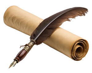 Vintage quill pen with ornate handle resting on aged parchment paper scroll, symbolizing classic writing, creativity, and nostalgia in literature or correspondence