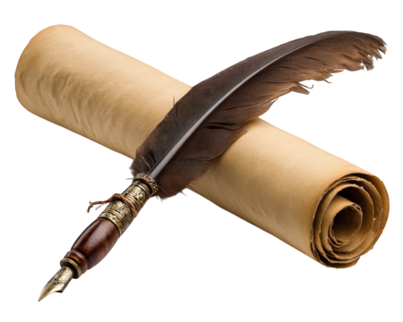 Vintage quill pen with ornate handle resting on aged parchment paper scroll, symbolizing classic writing, creativity, and nostalgia in literature or correspondence