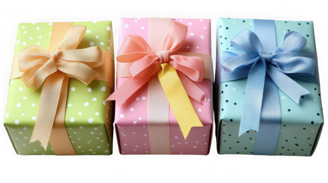 Three colorful gift boxes with ribbons and bows, perfect for celebrations and special occasions, isolated on white isolated on transparent background