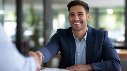 A healthcare recruiter interviewing a young doctor candidate professional setting with documents spread across a desk handshake marking opportunity natural daylight filling the