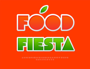 Vector Promo banner Food Fiesta. Big Geometric Font. Red Sticker Alphabet Letters and Numbers set.