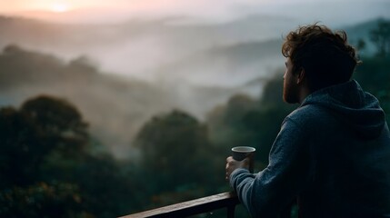 Man enjoys coffee on a balcony viewing a misty mountain landscape at sunrise