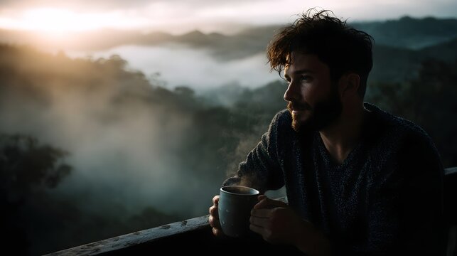 A man holding a coffee mug on a balcony overlooks a misty mountain landscape at sunrise - Powered by Adobe