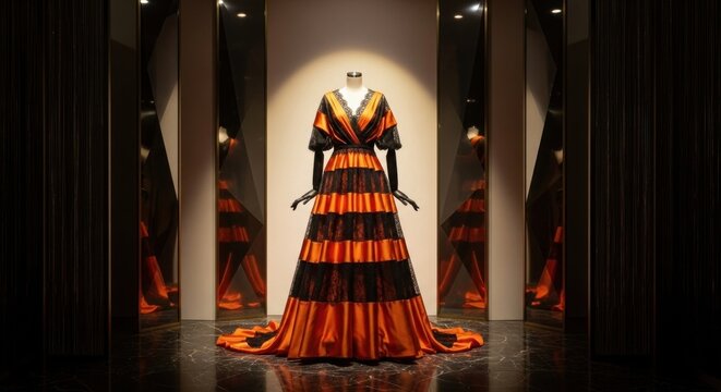 Elegant orange and black gown displayed on a mannequin in a dimly lit fashion showroom setting space