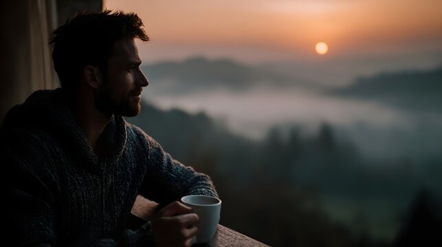 A man enjoys a peaceful morning coffee on a balcony overlooking a misty mountain landscape at sunrise