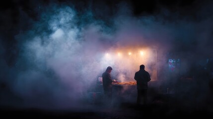 Fototapeta premium Vibrant night market scene with steaming food stall and illuminated vendors