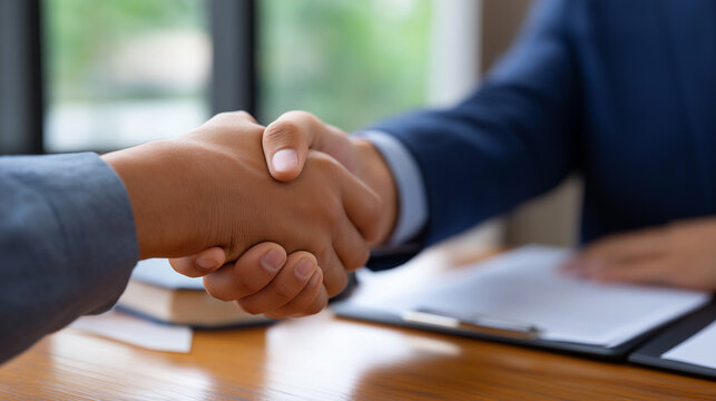 A legal consultation in progress lawyer and client shaking hands across a polished desk legal documents neatly stacked beside them professional office interior with bright