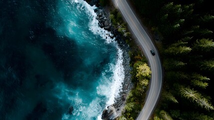 Scenic aerial view of a winding coastal road beside a forest and ocean with crashing waves