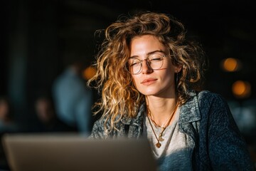 Confident young entrepreneur typing on laptop in bright co-working space, productivity theme, soft shadows