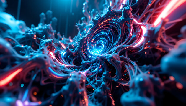 Abstract vortex of swirling energy with glowing blue and red light trails