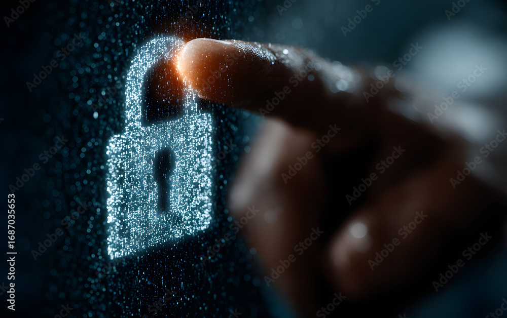 Poster hand touching a digital padlock icon on a virtual sceen a cyber security and dta protection concept 