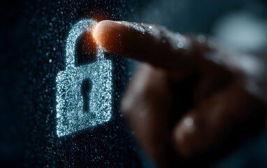 Hand touching a digital padlock icon on a virtual sceen a cyber security and dta protection concept witha dark