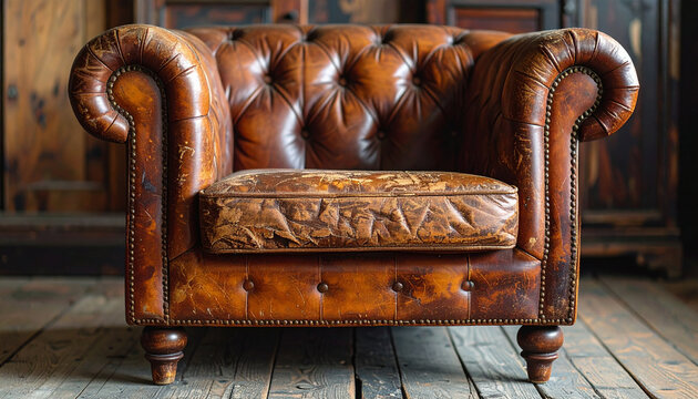Old leather armchair with deep cracks and worn-out patches. Rich brown tones, textured surface.
