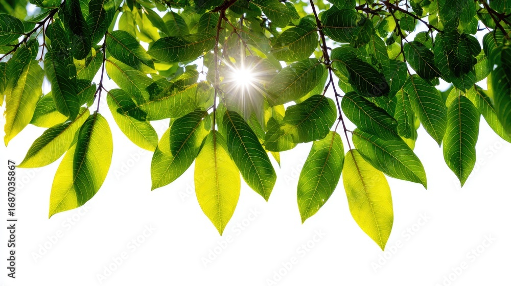 Poster a close-up view of vibrant green leaves with sunlight filtering through them, creating a beautiful p