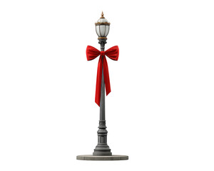 Classic street lamppost with ornate design and festive red bow, isolated on transparency background, evokes cheerful holiday spirit and traditional city decoration