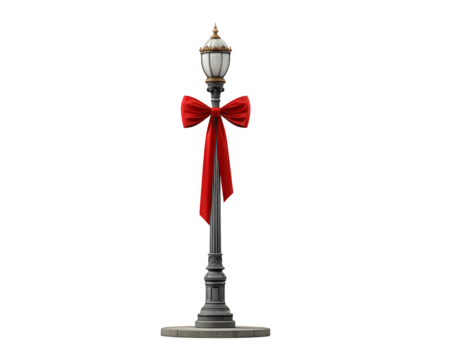 Classic street lamppost with ornate design and festive red bow, isolated on transparency background, evokes cheerful holiday spirit and traditional city decoration
