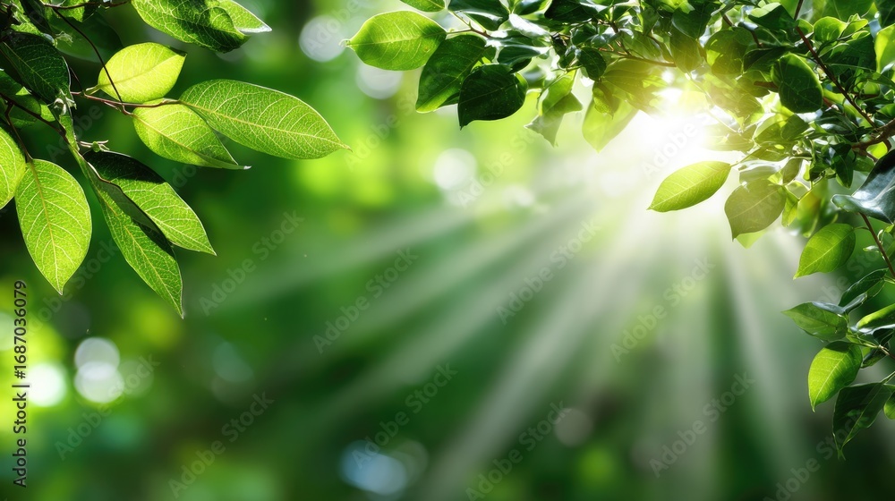 Poster a serene view of lush green leaves illuminated by sunlight filtering through the canopy, creating a 