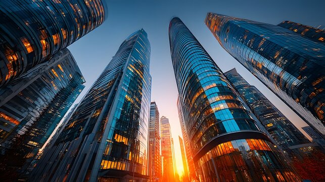 Modern skyscrapers sunset perspective