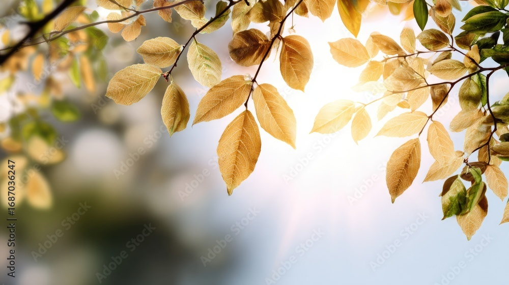 Poster a close-up view of delicate golden leaves illuminated by soft sunlight, creating a warm atmosphere