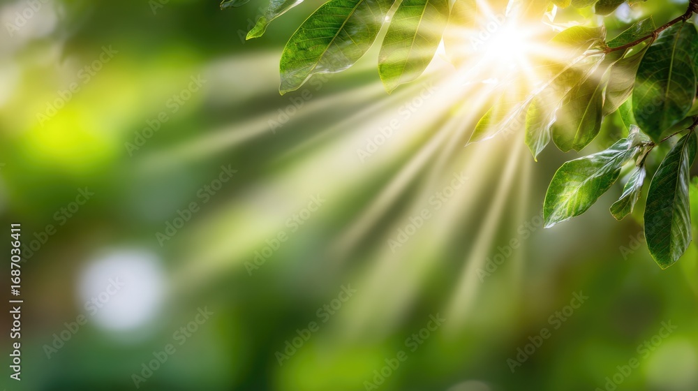 Poster a vibrant close-up image of leaves illuminated by sunlight, creating a serene and refreshing ambianc