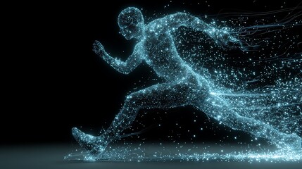 Futuristic digital human runner made of glowing particles in motion