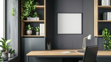 Obraz premium Title: Modern Minimalist Office/Home Corner with Dark Gray Cabinet and Light Wood Shelving, Green Plants, and Floating Picture Frame