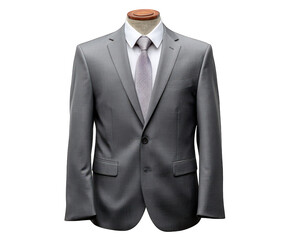 Gray slim fit suit on mannequin, business attire with white shirt and patterned tie, formal wear for office or event, elegant and professional style