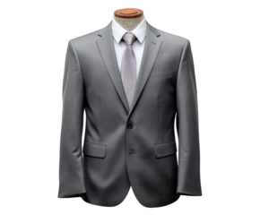 Gray slim fit suit on mannequin, business attire with white shirt and patterned tie, formal wear for office or event, elegant and professional style