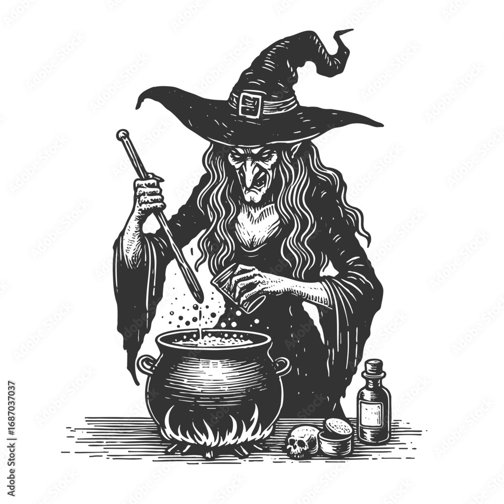 Poster wicked witch in a hat stirring a bubbling cauldron, surrounded by bats and magic sketch engraving ge