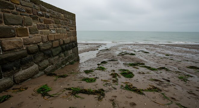 Coastal mudflats and stone wall