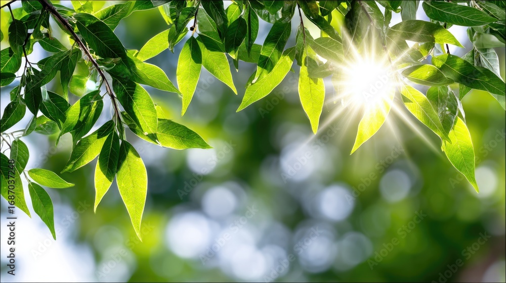Poster close-up view of vibrant green leaves with sunlight filtering through, creating a serene atmosphere.