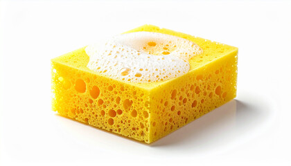 Dishwashing sponge with soft foam and textured scrubbing surface. Cleaning tool. White backdrop