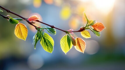 A close-up of vibrant, newly sprouting leaves in various shades, illuminated by soft sunlight, creating a serene and refreshing atmosphere in nature.