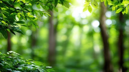 A serene view of a lush green forest, showcasing vibrant leaves dappled with sunlight
