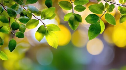 A close-up view of vibrant green leaves illuminated by soft, natural light, creating a serene atmosphere. This image captures the beauty of nature in an abstract background.