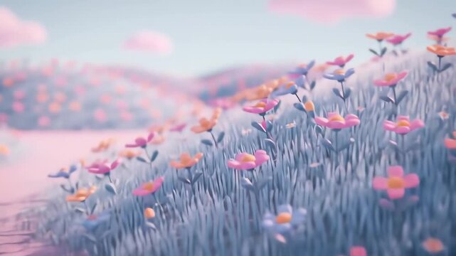 Slow Pan Across a Dreamy, Stylized 3D Landscape of Pastel Hills and Gentle Flowers.