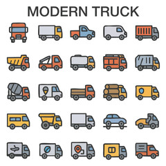 Modern Truck & Delivery Vehicle Icon Set – Transport, Logistics, and Heavy Machinery