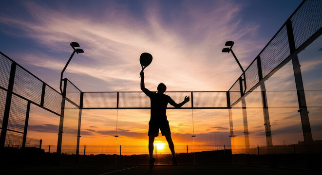 Silhouette Man Playing Paddle Tennis at Colorful Sunset Court