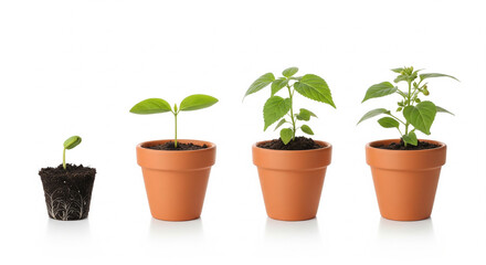 Fototapeta premium Plant growth stages from sprout to young plant in terracotta pots on isolated transparent background.