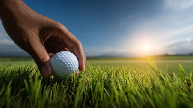 Golf tee-off action scenic course outdoor sports early morning close-up hand precision and focus