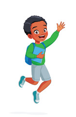 Happy African American school boy is jumping excitedly and waving his hand. Cartoon vector illustration.