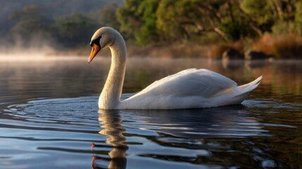 Fototapeta premium Elegant swan gliding on tranquil lake at sunrise nature photography calm environment serene viewpoint