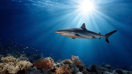 Fototapeta premium Shark swimming gracefully among coral reefs underwater world marine life clear blue ocean natural habitat