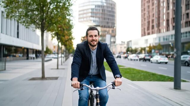 Happy Businessman Cycling Through City, Smiling, Urban Commute, Lifestyle. - Powered by Adobe