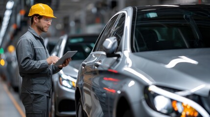 Automotive quality check process manufacturing plant industrial photography controlled environment close-up view efficiency in action