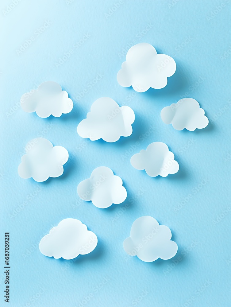 Aufkleber white paper cut clouds arranged on light blue background, creating minimalist design with soft shado