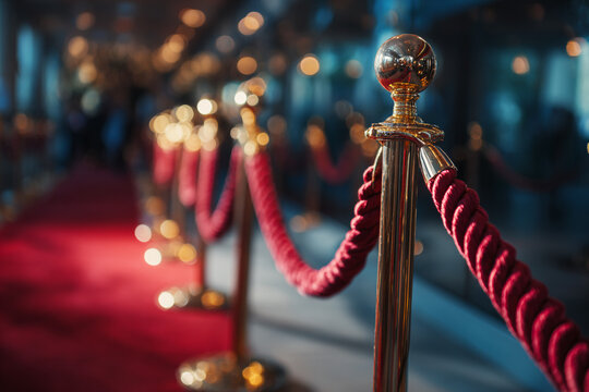 Red rope and gold stanchions line a red carpet event entrance
