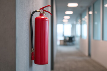 Red fire extinguisher mounted on wall in office hallway safety equipment
