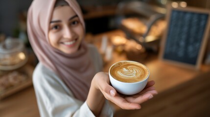 Barista serving artisanal coffee local  visual story cozy atmosphere warm interaction community connection