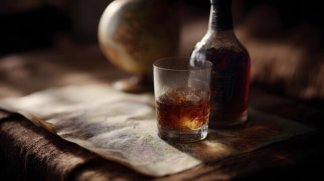 Vintage globe and map with a glass of amber liquor beside a bottle creating a mood of explo n and refined indulgence